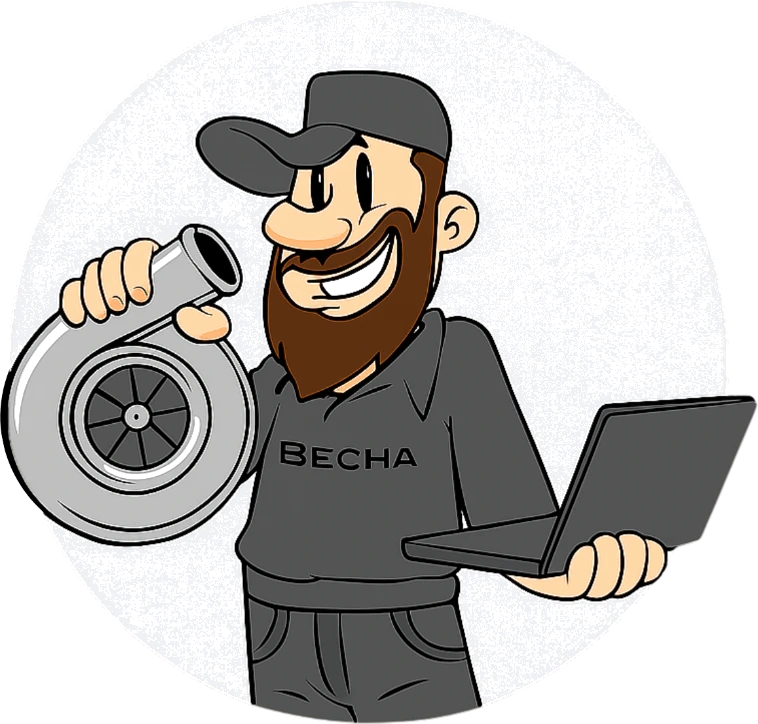 Illustration av BechaBil-mekaniker med felkodsläsare och turbo