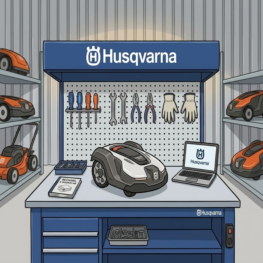 Automower-verkstad med robotgräsklippare.